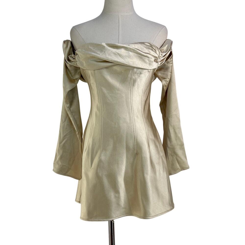 Meshki Giselle Off Shoulder Satin Mini Dress Gold - Picture 2 of 9